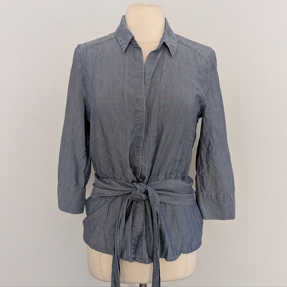 Women's L'Agence Colette Blouse Top Medium Tie Waist Denim Blue - Picture 2 of 10